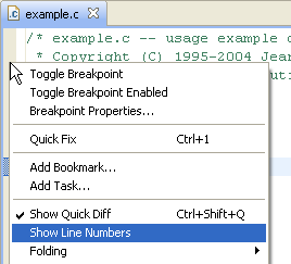 Enable line numbers with right click in Eclipse