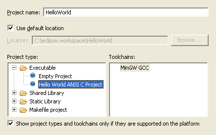 Select an empty Hello world ANSI C Project