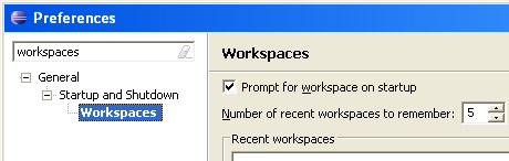 Eclipse preferences to select startup workspace behaviour