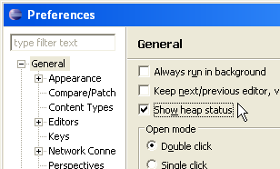 Enable the preference to show the java heap status in Eclipse.